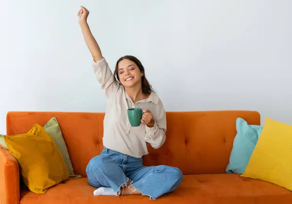 Relaxed Young Woman Mug Tea Hand Relaxing Couch Home Happy — Stock Photo, Image
