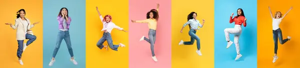 Set Positiver Multiethnischer Frauen Die Über Farbenfrohe Studiohintergründe Springen Bewegtbild — Stockfoto