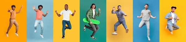 Collage Aktiver Energiegeladener Junger Männer Die Über Farbenfrohe Studiohintergründe Springen — Stockfoto