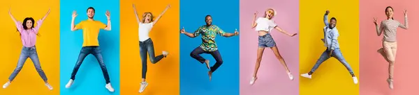 Fröhliche Multiethnische Junge Menschen Die Positive Emotionen Auf Farbenfrohen Studiohintergründen — Stockfoto