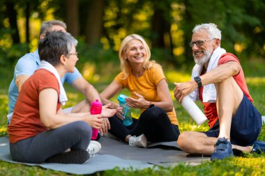Neşeli yoga meraklıları, dışarıda minderlerin üzerinde otururken arkadaşça sohbetin keyfini çıkarıyorlar. Su şişeleri tutan mutlu yaşlı insanlar, yaz parkındaki dinlenme seansından sonra dinlenen yaşlı erkekler ve kadınlar.