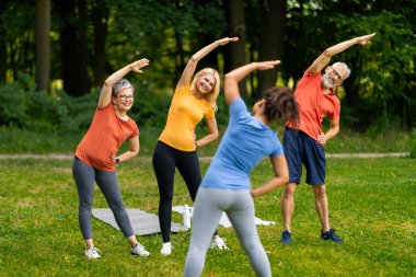 Yoga esneme rutinini uygulayan bir grup son sınıf öğrencisi, genç eğitmen tarafından yönetiliyor, yaz parkında spor yapan mutlu yaşlılar, emeklilikte sağlıklı aktif yaşam tarzının keyfini çıkarıyorlar.