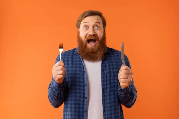 Hunger Cravings Hungry Redhaired Bearded Man Shouting Holds Knife Fork — Stock Photo, Image