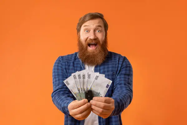Car Purchase Excited Middle Aged Bearded Man Red Hair Showing — Stock Photo, Image