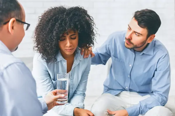 Group Empathy Rehab Community Members Supporting Upset Black Woman Therapy — Stock Photo, Image