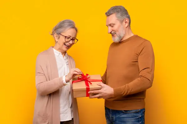 黄色いスタジオの背景に立って 愛する夫から包まれたプレゼントボックスを受け取ったハッピーシニアの女性 成熟したカップルは記念日やバレンタインデーを祝います 誕生日の挨拶のコンセプト — ストック写真