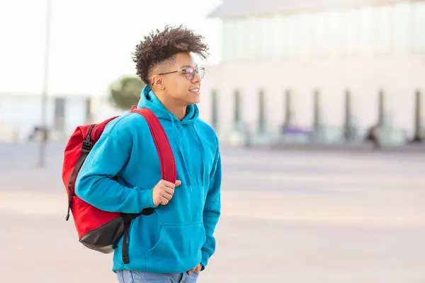 Confident Young Brazilian Guy Student Walking Urban Setting Red Backpack — Stock Photo, Image
