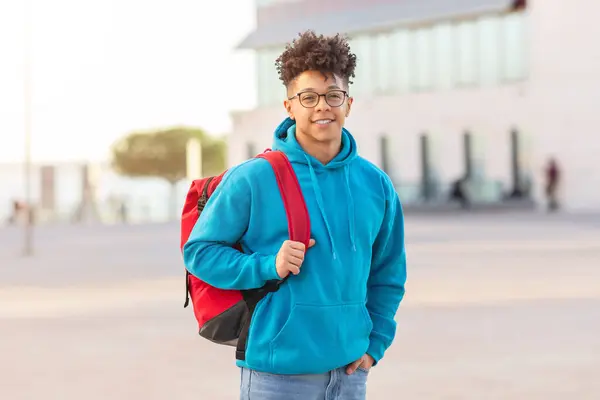 Confident Student Brazilian Guy Red Backpack Walking Urban Setting Looking — Stock Photo, Image