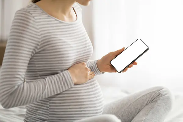 Jasná Představa Těhotné Ženy Zobrazující Prázdnou Obrazovku Smartphonu Vhodnou Pro — Stock fotografie