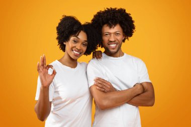 Bin yıllık güzel Afro-Amerikan çifti sarı stüdyo arka planında izole edilmiş bir şekilde kucaklaşıp el kol hareketi yapıyorlar. Siyahi bir kadını sevmek, erkeğiyle vakit geçirmek, iyi niyet göstermek.