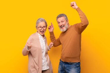 Gündelik kıyafetli mutlu çift, başarıyı kutluyor yumruk tokuşturuyor, sarı stüdyo arka planında neşeyle dans ediyor. Heyecanlı emekli adam ve kadın ellerini kaldırıp kameraya gülümsüyor.