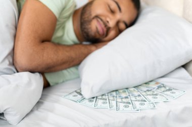 100 dolarlık banknotlar bir yatağa yayılır, finansal kavramları ya da beklenmedik talih kuşunu simgeler. Kötü adam parasıyla yatıyor.