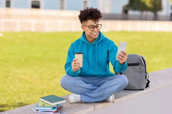 Student Brazilian Guy Blue Hoodie Appears Compare Coffee Cup Smartphone — Stock Photo, Image