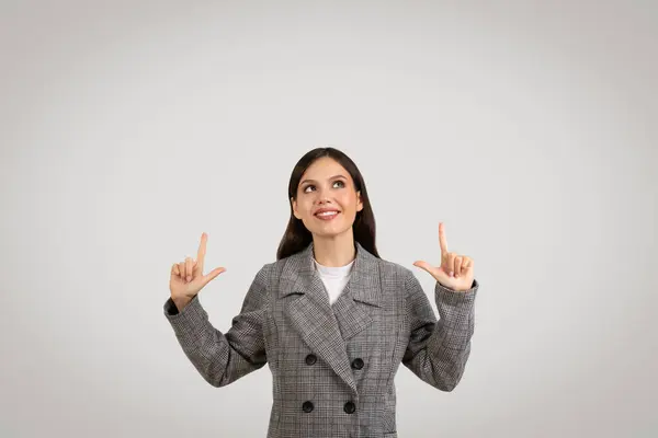 Optimistic Young Lady Stylish Checkered Blazer Pointing Upwards Free Space — Stock Photo, Image