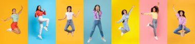 Mutlu bayanlar. Stüdyoda rengarenk geçmişlere atlayan neşeli kadınlarla kolaj başarıyı kutlayan çok ırklı kadınlar, olumlu duyguları ifade eden, panorama
