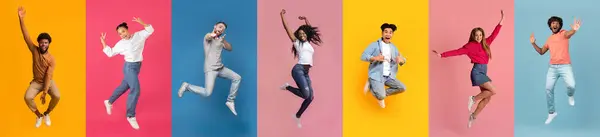 Eine Gruppe Aufgeregter Junger Menschen Auf Dem Sprung Vor Farbenfrohen — Stockfoto