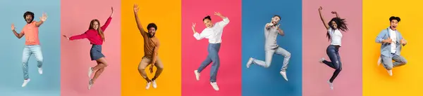Group Energetic Young People Leap Air Expressing Happiness Happy Multiethnic — Stock Photo, Image