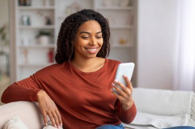 Güzel, Afro-Amerikalı bir kadın evde akıllı telefonuyla dinleniyor, koltuğunda oturan ve cep telefonunu tutan, yeni uygulamaları okuyan ya da gezen mutlu siyah bir kadın.