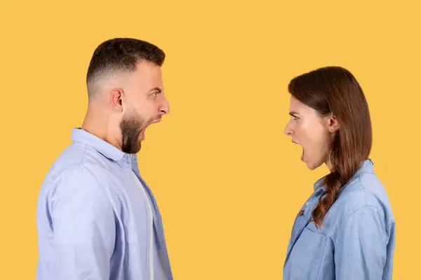 Zwei Menschen Mann Und Frau Die Einander Anschreien Gesicht Gesicht — Stockfoto