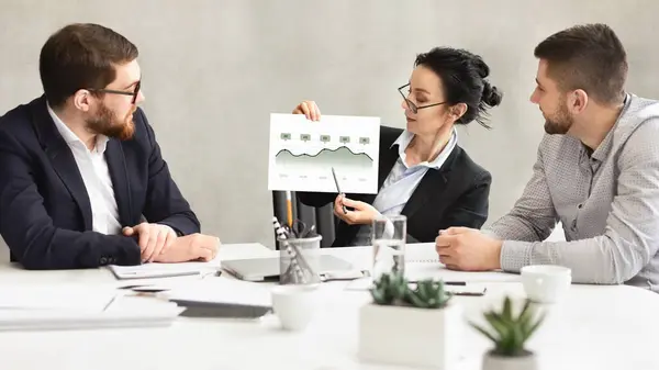 A professional team engaged in a meeting with financial data charts, having a discussion around a table in an office setting