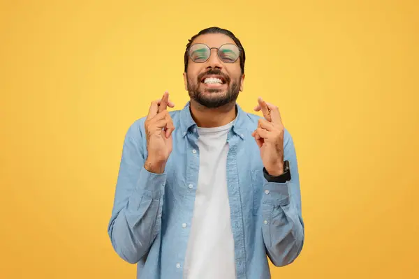Indian Man Relaxed Blue Shirt Has His Eyes Closed Crossing — Stock Photo, Image