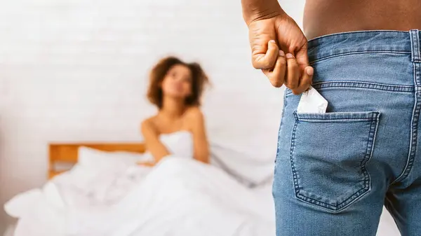 Passion Desire Games Sexual Health Black Man Taking Condom Jeans — Stock Photo, Image