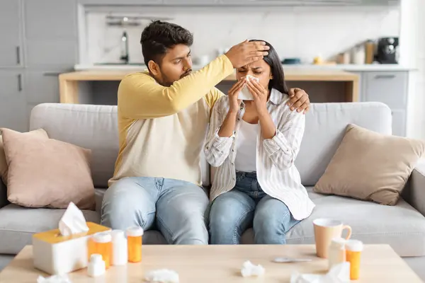 Indian Man Tenderly Touches Womans Forehead Checking Fever She Blows — Stock Photo, Image