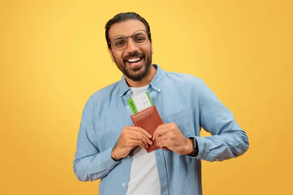 Happy Traveler Indian Guy Holding Passport Boarding Passes Excited Upcoming — Stock Photo, Image