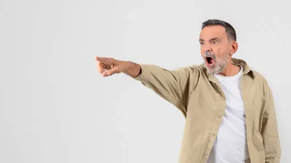 Astonished Older Man Pointing One Hand Mouth Open Shock Clear — Stock Photo, Image