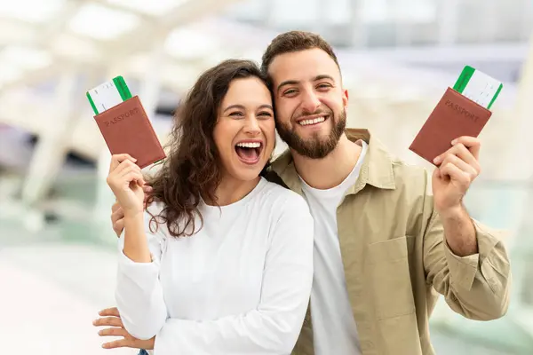 Happy Young Man Woman Holding Passports Airport Smiling Camera Excited — Stock Photo, Image