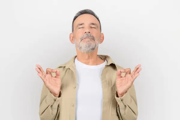 Calm Senior Man Beard Peacefully Meditating Eyes Shut Zen Relaxation — Stock Photo, Image