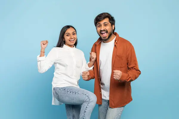 Exuberant Indian Couple Fists Raised Celebrating Victory Success Together Joy — Stock Photo, Image