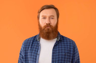 Kırmızı saçlı, sakallı, sakallı, sakin bir ifadeyle kameraya bakan turuncu stüdyo arka planında ön plan resmi olan ciddi bir adamın fotoğrafı. Hipster adam fotoğraf için poz veriyor.