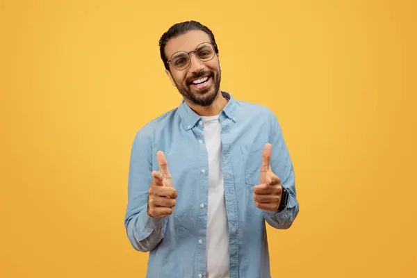 Cheerful Bearded Indian Man Glasses Giving Double Thumbs Yellow Background — Stock Photo, Image
