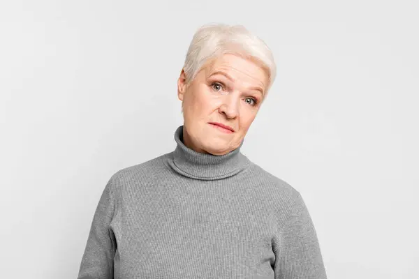 Concerned Senior Elderly European Woman Skeptical Look Perfect Conveying Doubt — Stock Photo, Image