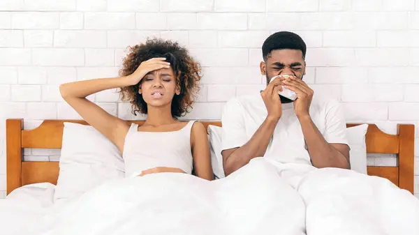 Collective Sickness Millennial African American Couple Suffering Seasonal Virus Together — Stock Photo, Image