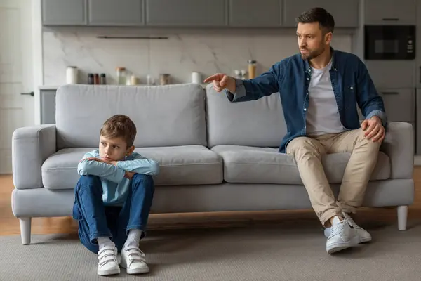 Man Casual Attire Father Appears Scolding Sulky Young Boy Son — Stock Photo, Image