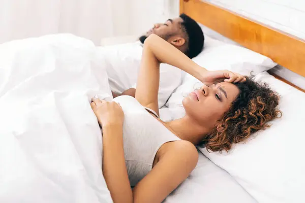 Unhappy Black Woman Having Sleepless Night Sleeping Snoring Man Bed Stock Picture