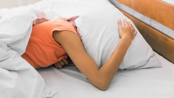 Lack Sleep Woman Covering Head Pillow Waking Morning — Stock Photo, Image