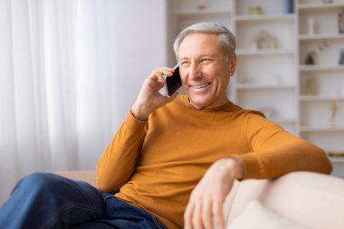 Kanepede oturan neşeli son sınıf öğrencisi akıllı telefonuyla hoş bir sohbete daldı.