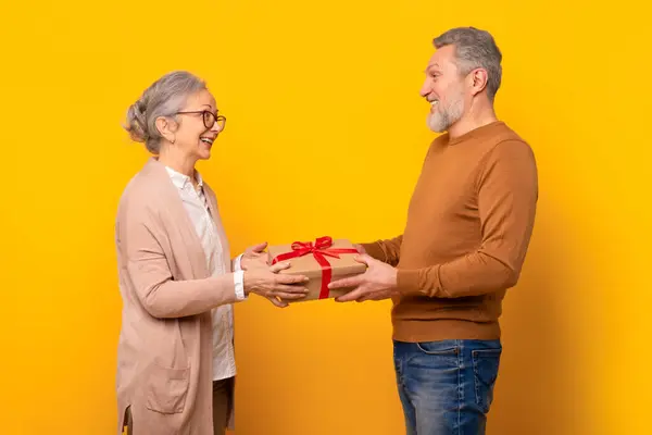 Gai Européen Mature Homme Donne Enveloppé Boîte Cadeau Félicitant Femme — Photo