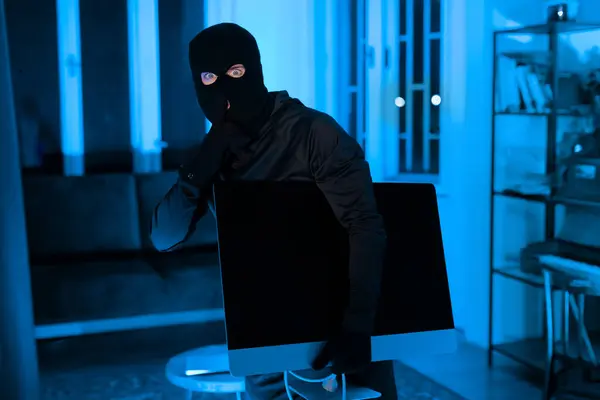 Apartment Scene Night Burglar Caught Stealing Large Television Emphasizing Theme — Stock Photo, Image