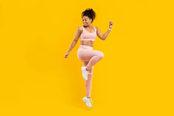 Energetic African American Lady Happily Hopping Portraying Sense Joy Fitness — Stock Photo, Image