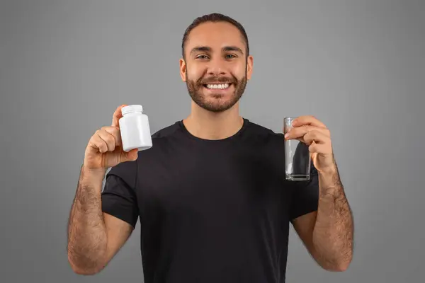 Cheerful Man Bottle Pills Glass Water Promoting Healthy Lifestyle Supplements — Stock Photo, Image