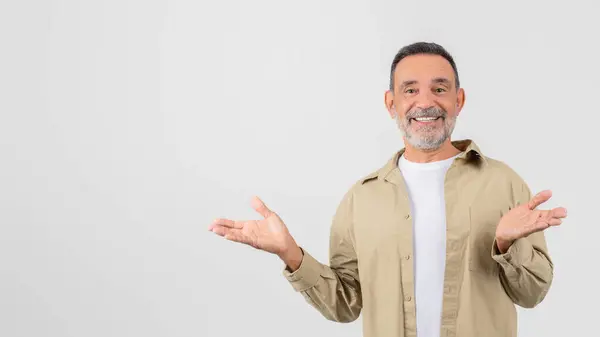 Elderly Man Bright Smile Open Arms Offering Welcoming Gesture Isolated — Stock Photo, Image