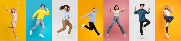 Vielfältige Gruppe Von Menschen Die Vor Farbenfrohen Hintergründen Springen Und — Stockfoto