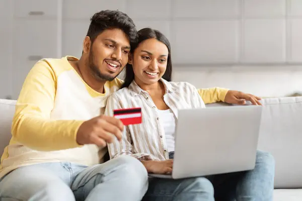 Young Indian Millennial Couple Smiling Man Holding Credit Card Both — Stock Photo, Image
