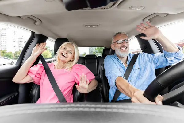 stock image A vibrant married couple, joyfully raising their hands for a fun and carefree moment in the car, representing an adventurous spirit in their senior years