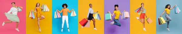 Series Happy Shopaholic Ladies Mid Jump Showcasing Shopping Bags Having — Stock Photo, Image