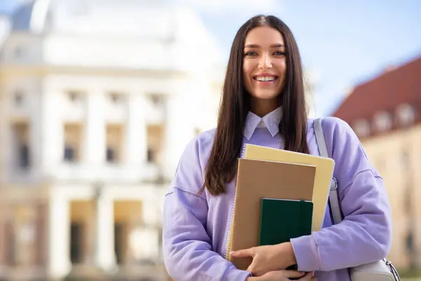 Joyful Millennial Lady Radiant Smile Holds Her Study Materials Student — Stock Photo, Image